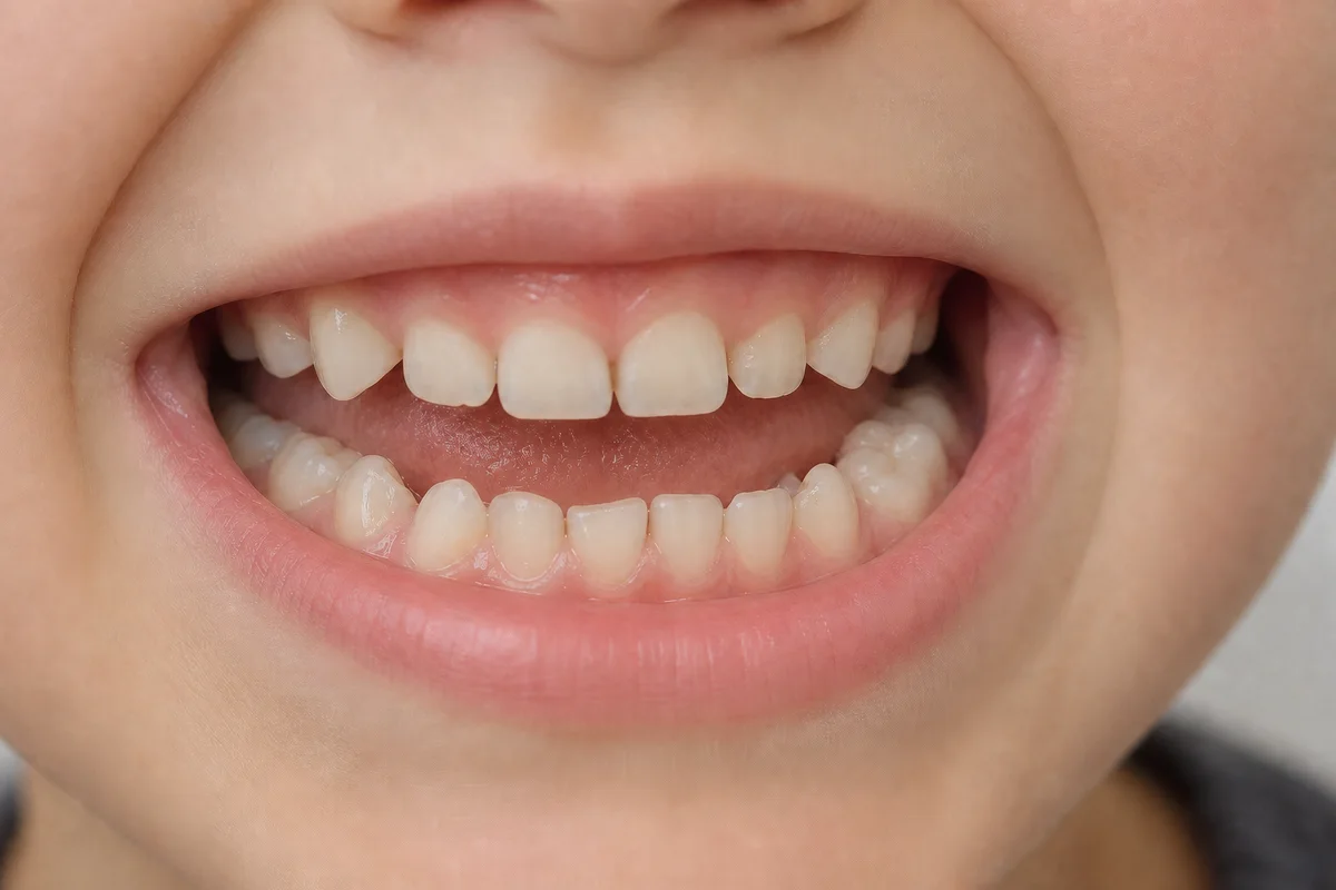 Synthetic illustration of a primary molar restored with a tooth-colored filling