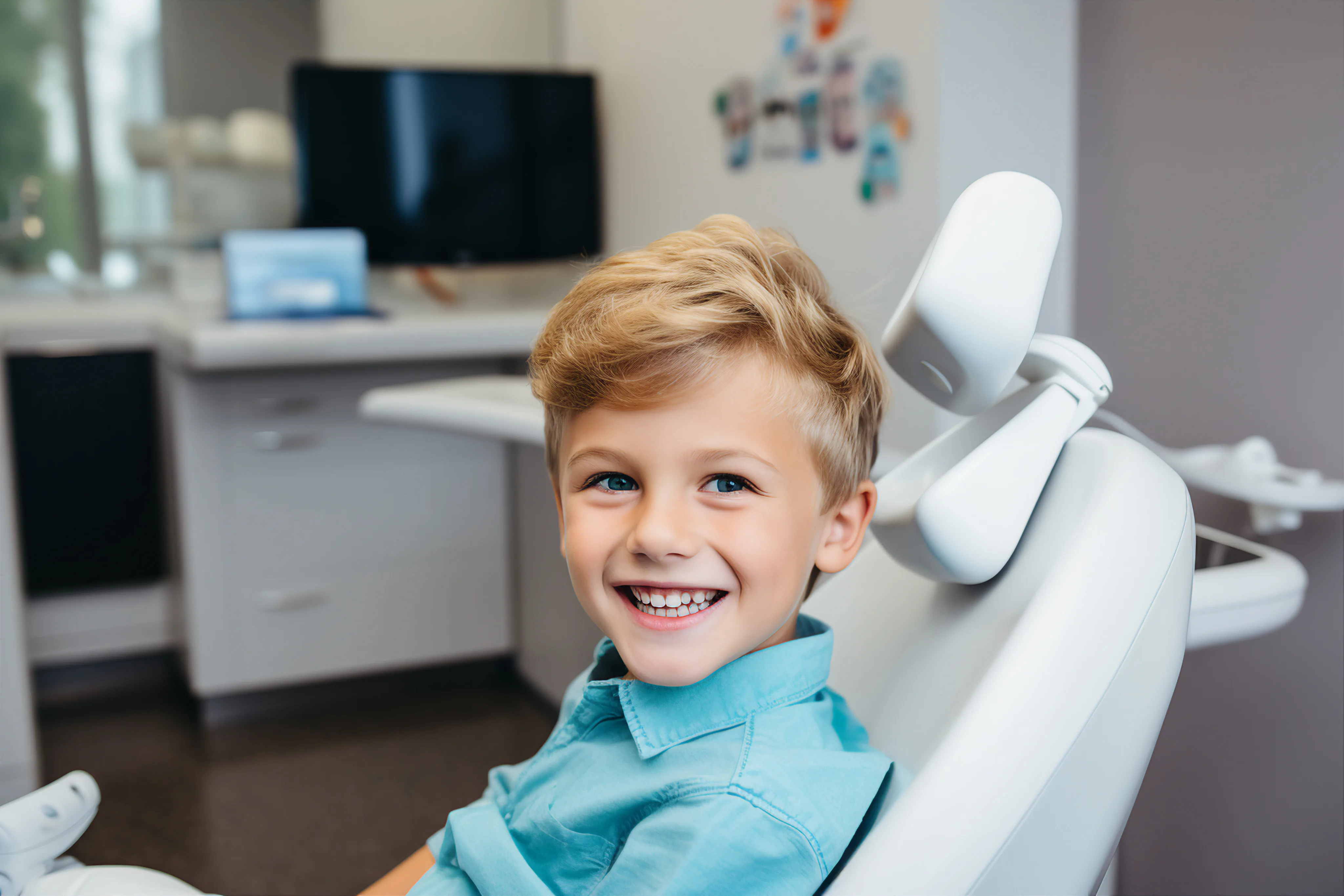 Smiling young patient in a pediatric dental chair